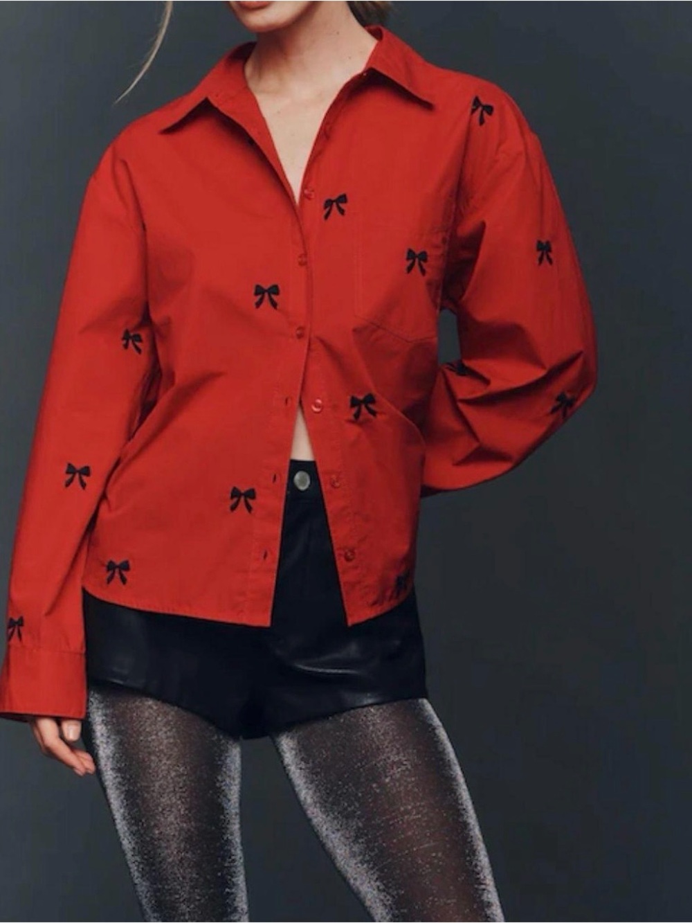 Anthropologie Maeve Red Button-Down Shirt with Black Bow Accents Small NWT
